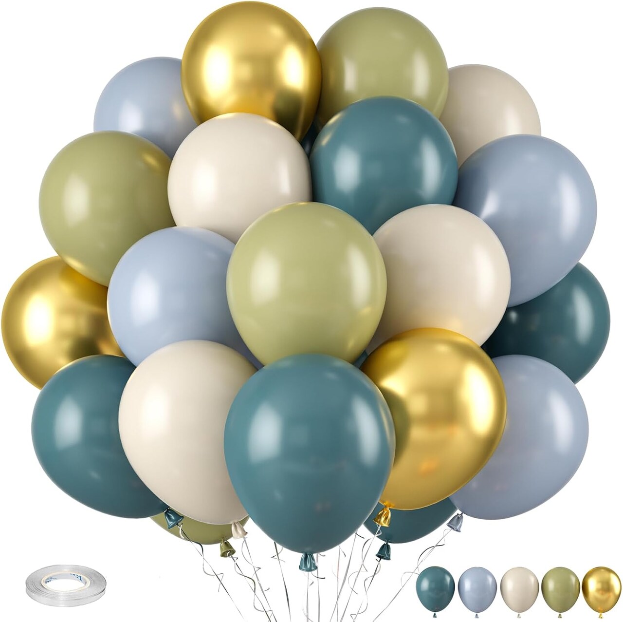 Dusty Blue Green Balloon, Sage Green and Retro Blue Balloons, Sand White Green Metallic Gold Sea Blue Balloons for Women Men Boho Birthday Wedding Baby Shower Jungle Safari Wild Party Decorations